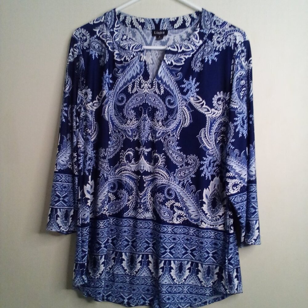 Links Blouse Women S 3/4 Sleeve Soft Stretch Pattern Blue White